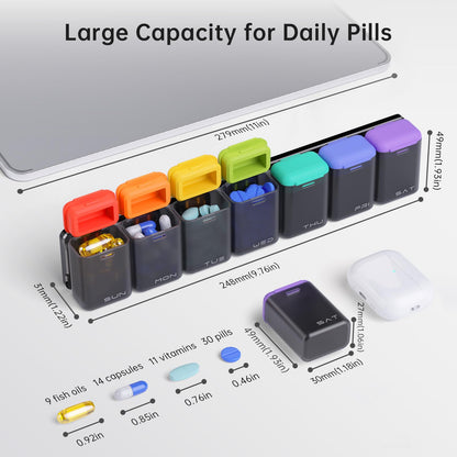 KOVIUU large travel pill case compartments filled with vitamins and fish oil capsules.