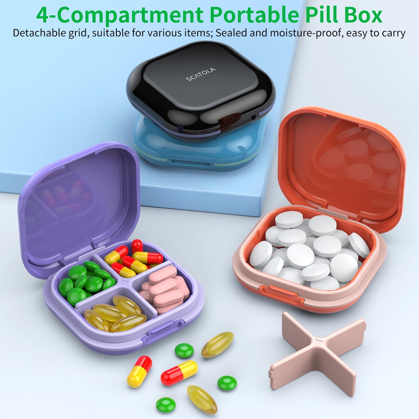 Interior view of the portable medicine container showcasing four separate sections for pills.