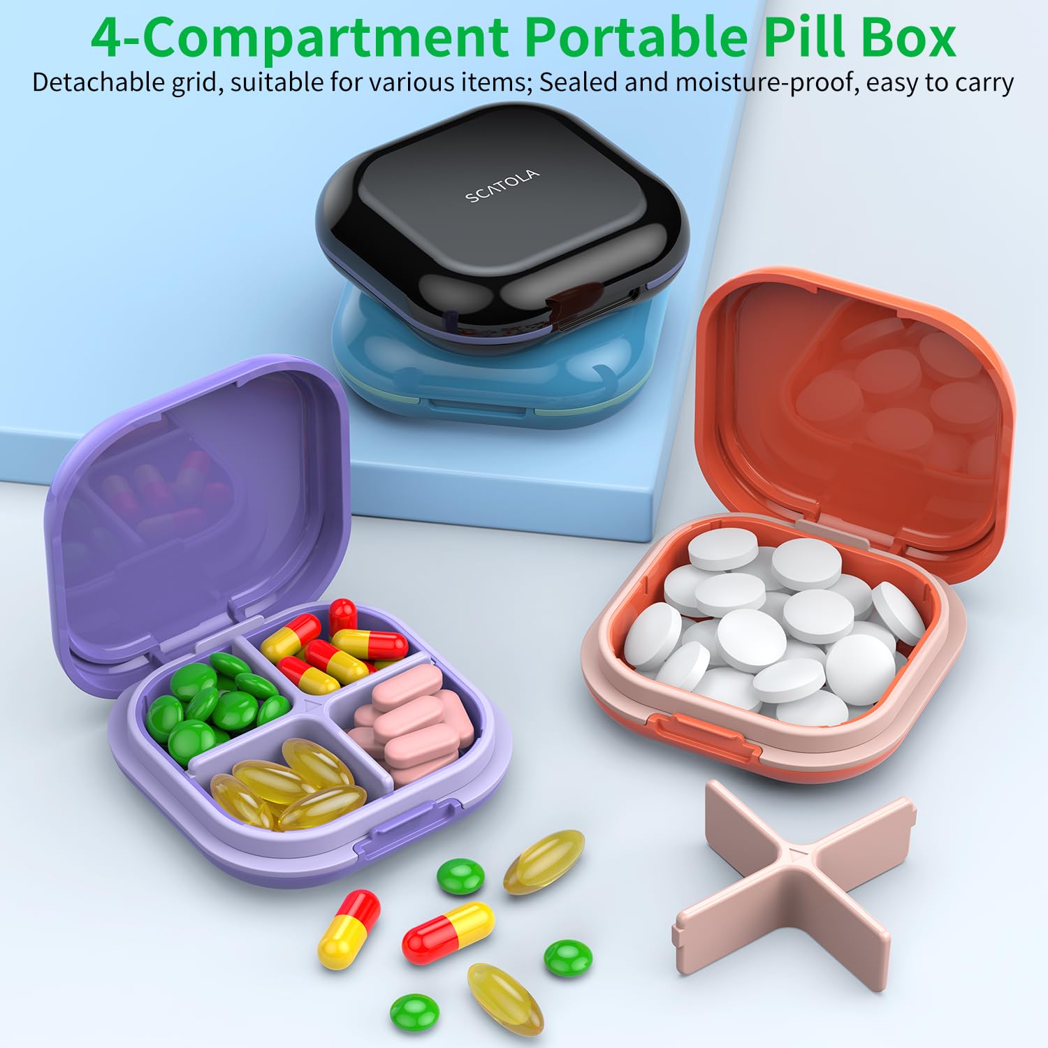 Interior view of the portable medicine container showcasing four separate sections for pills.