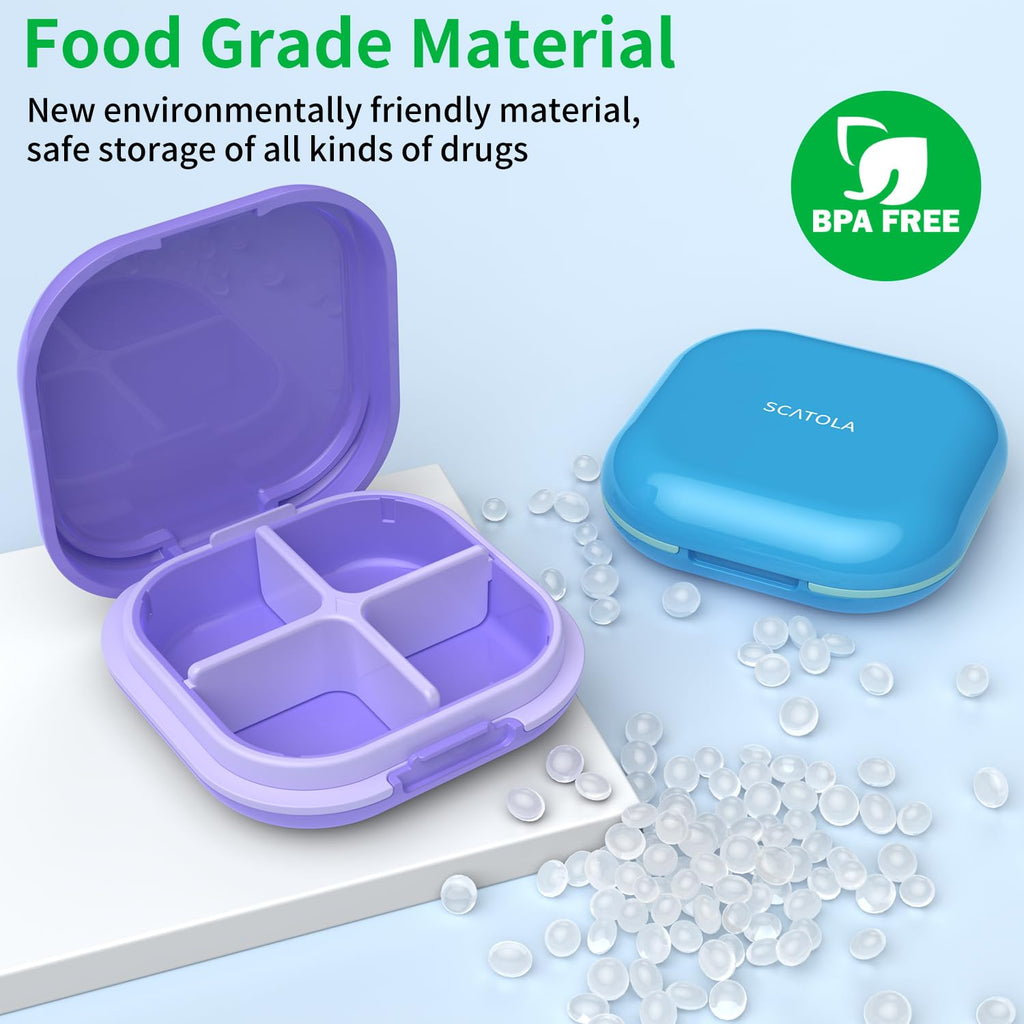 Compact pill container placed next to a purse pocket to demonstrate its portable travel size.