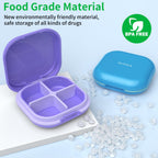 Compact pill container placed next to a purse pocket to demonstrate its portable travel size.