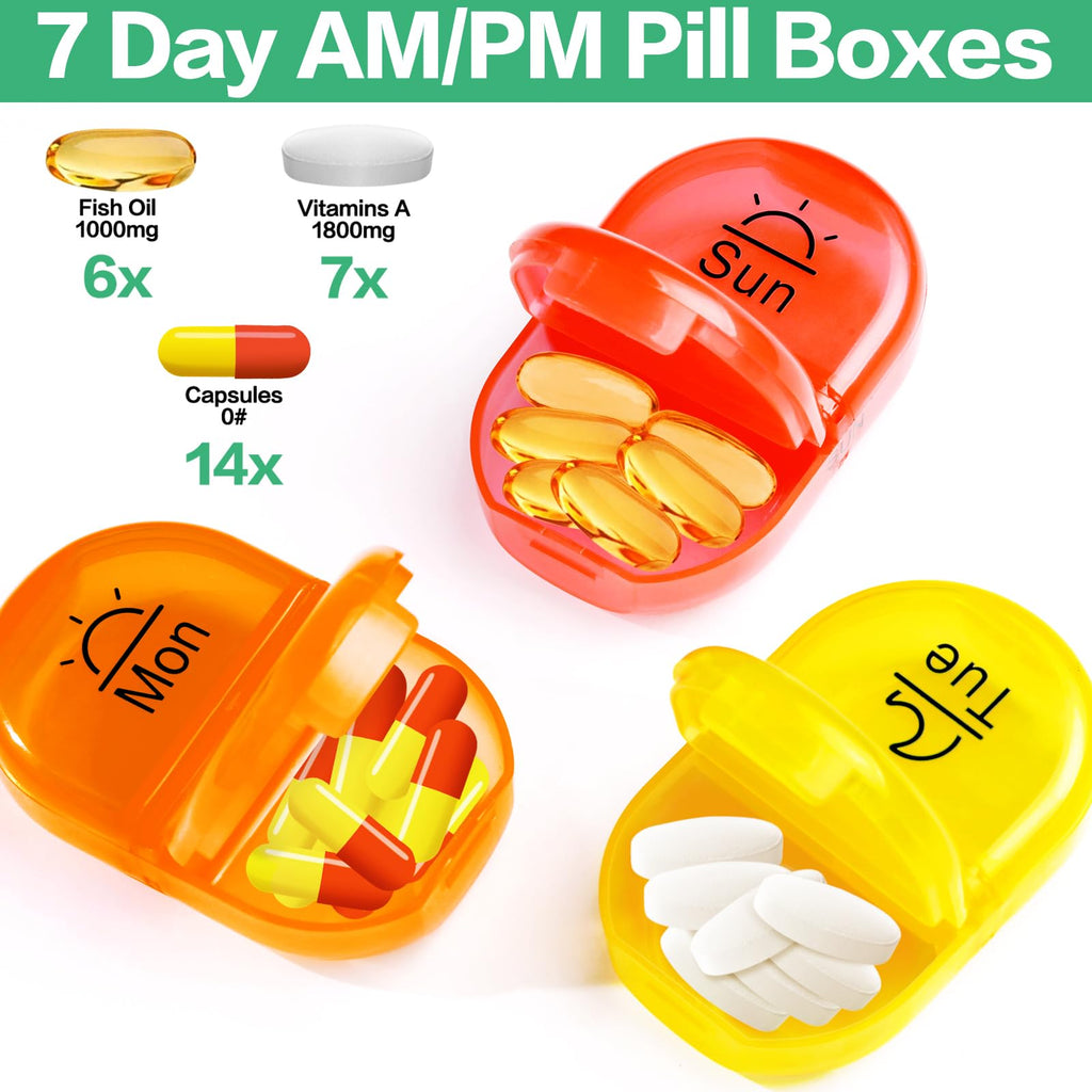Serfeymi portable pill container daily tray capacity demonstration with vitamin capsules.