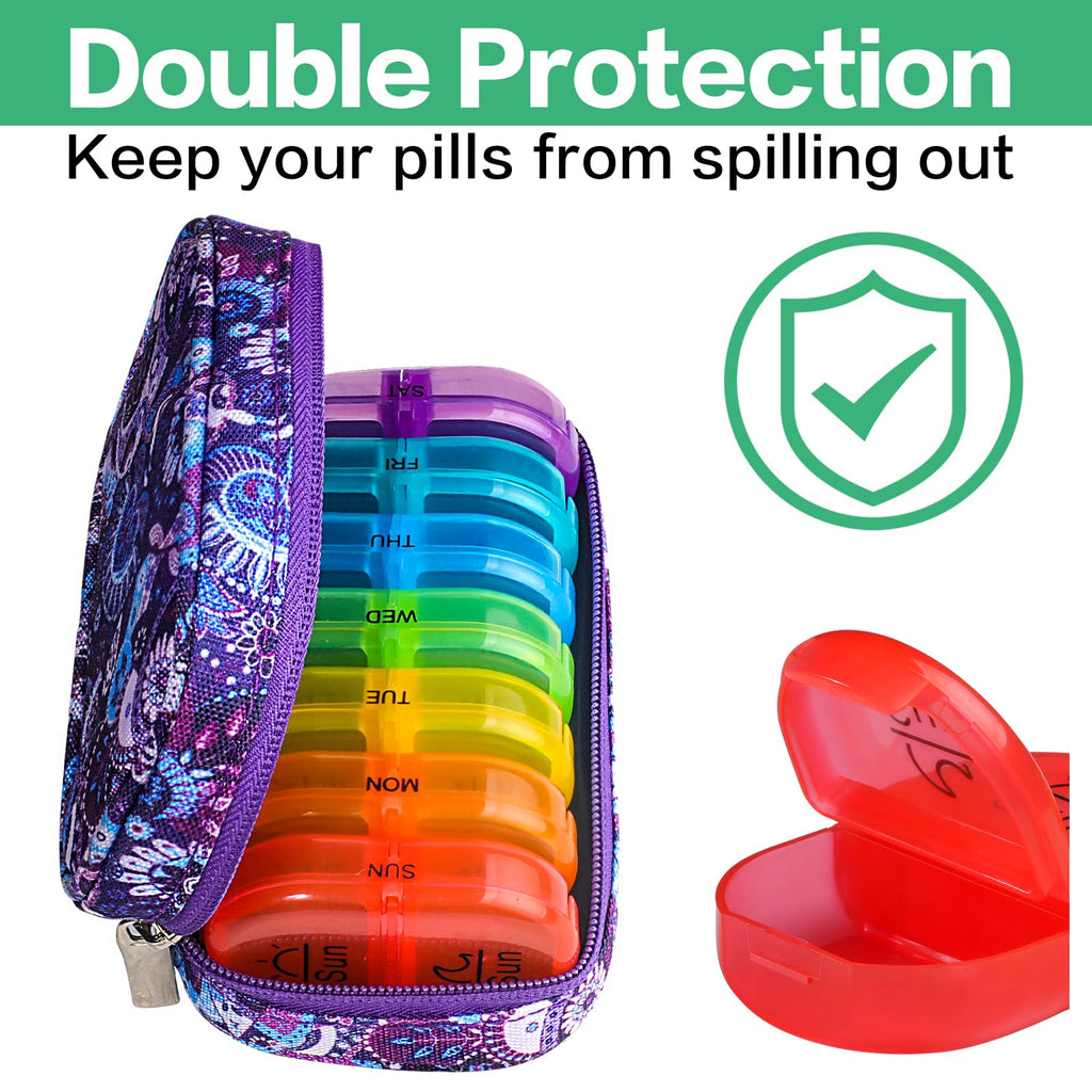 Serfeymi rainbow travel pill planner showcasing individual day snap-fit closures.