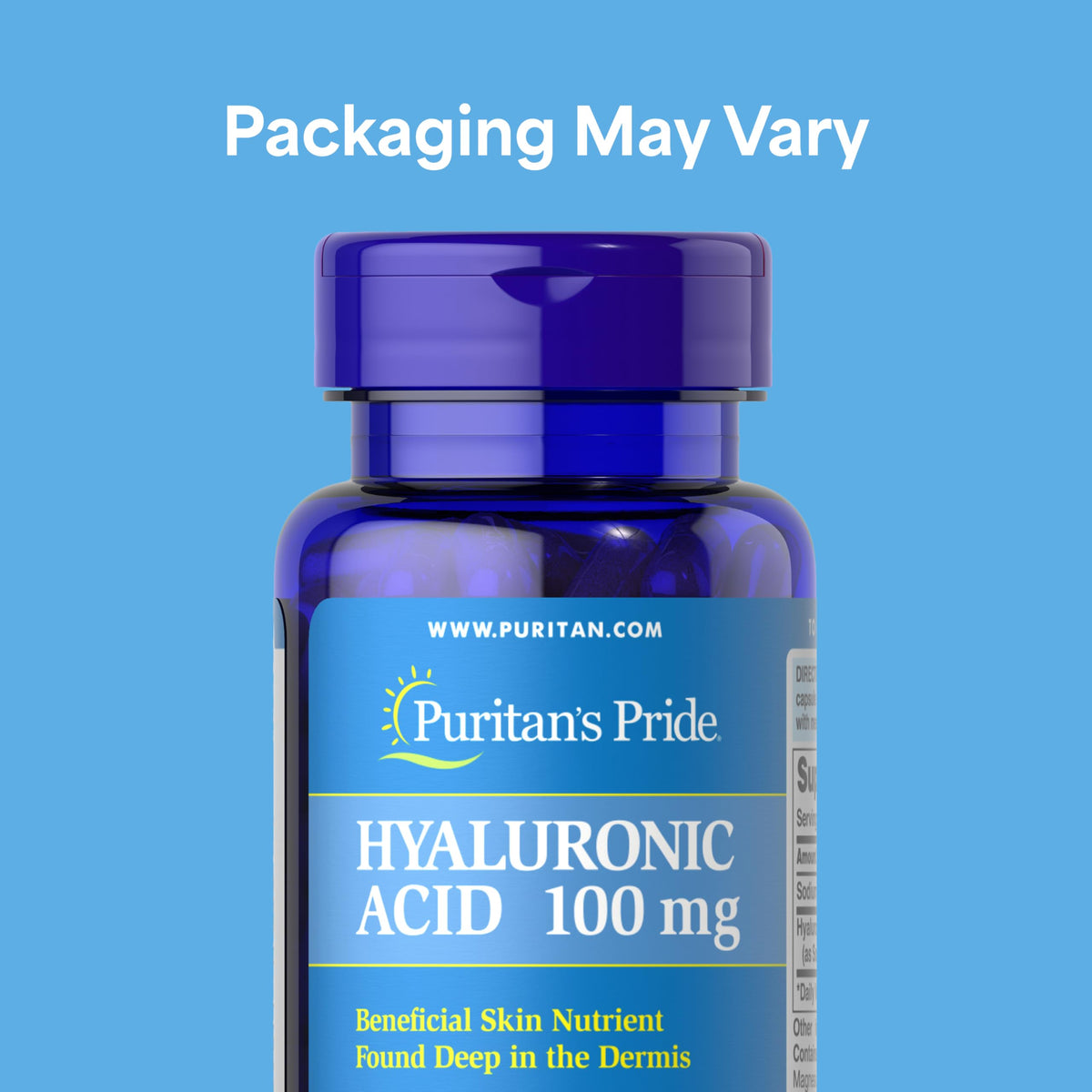 Puritan's Pride Hyaluronic Acid 100 mg supplement bottle back label ingredients