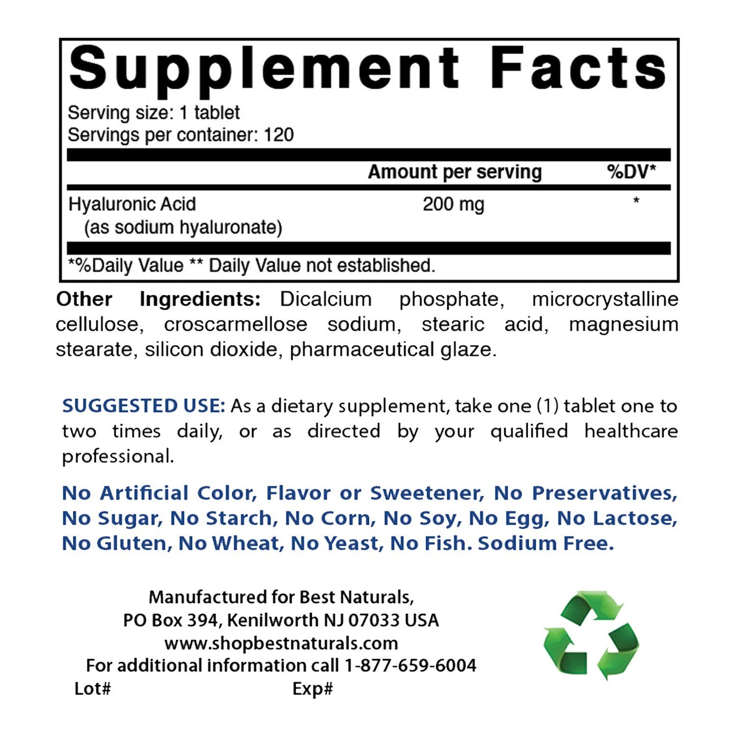 Best Naturals Hyaluronic Acid 200 mg supplement facts label