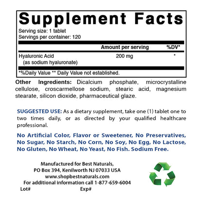 Best Naturals Hyaluronic Acid 200 mg supplement facts label