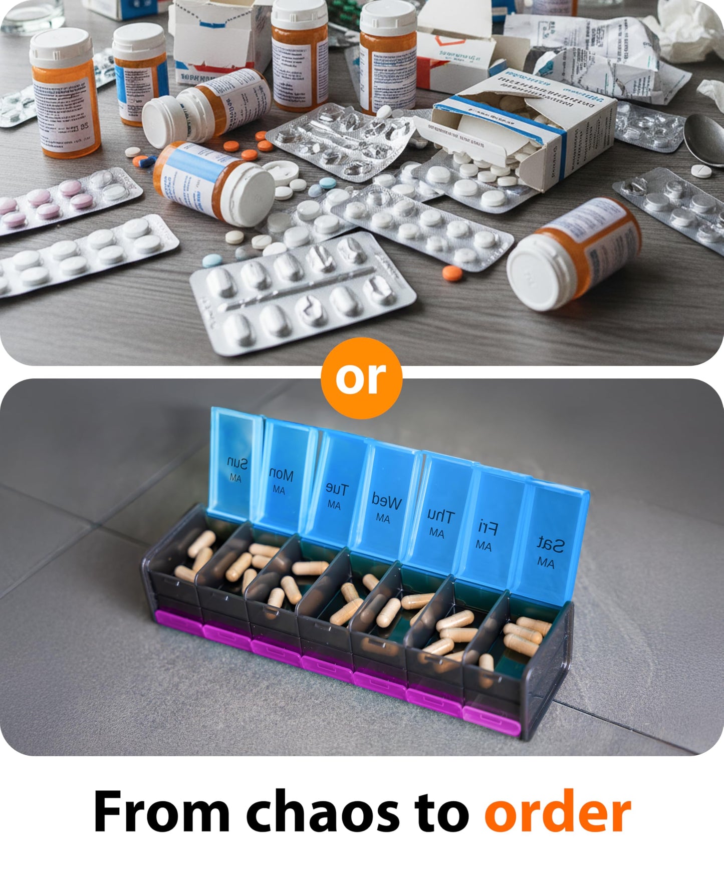 BEXEEN weekly vitamin holder loaded with large fish oil capsules and supplements
