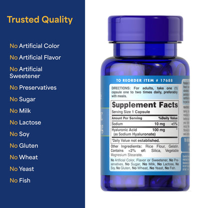 Top view Puritan's Pride Hyaluronic Acid dietary supplement
