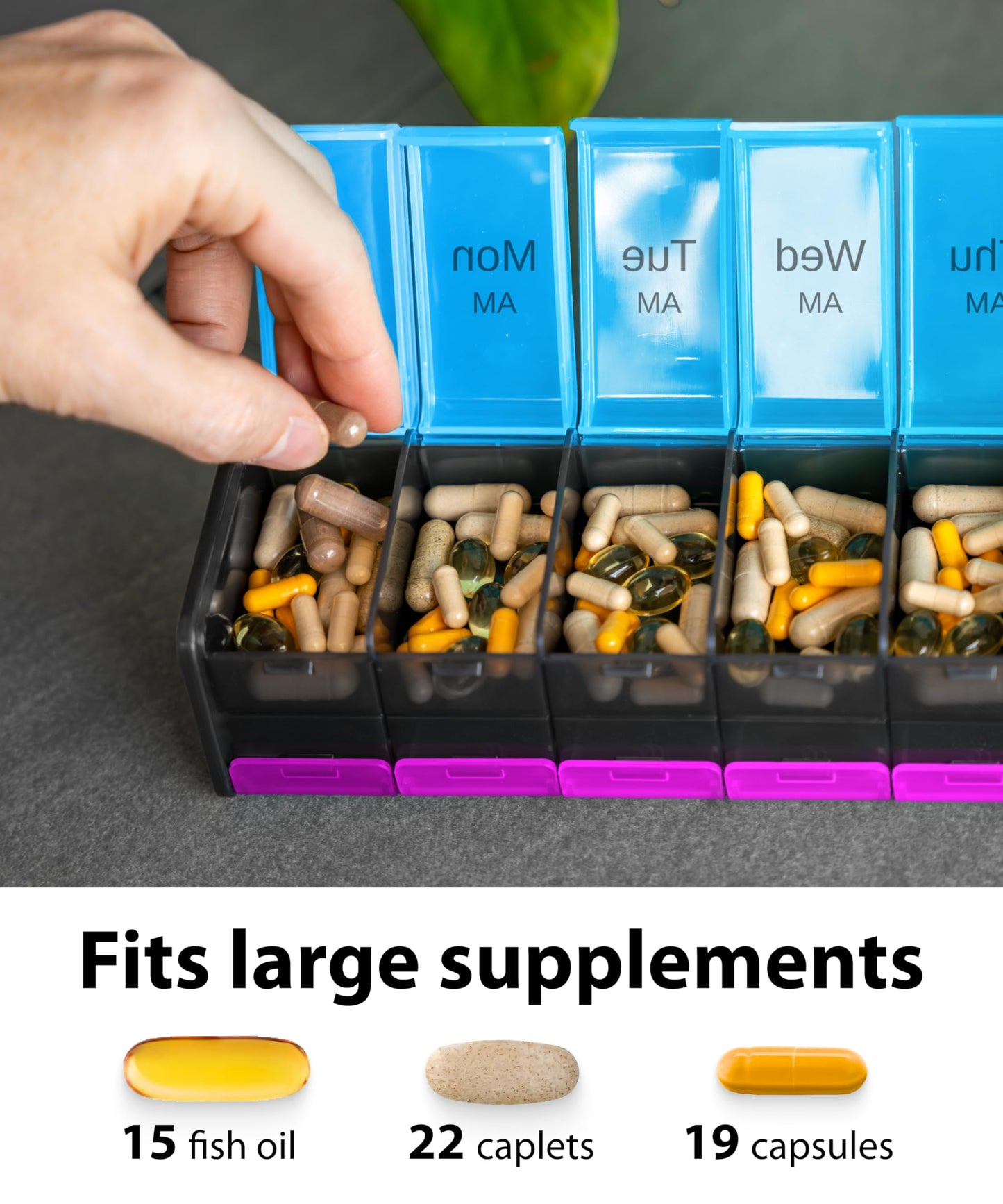 BEXEEN xxl medicine dispenser displaying clear day labels for easy tracking