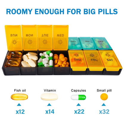 Side angle view of the Mossime weekly medicine box with open morning and evening lids.