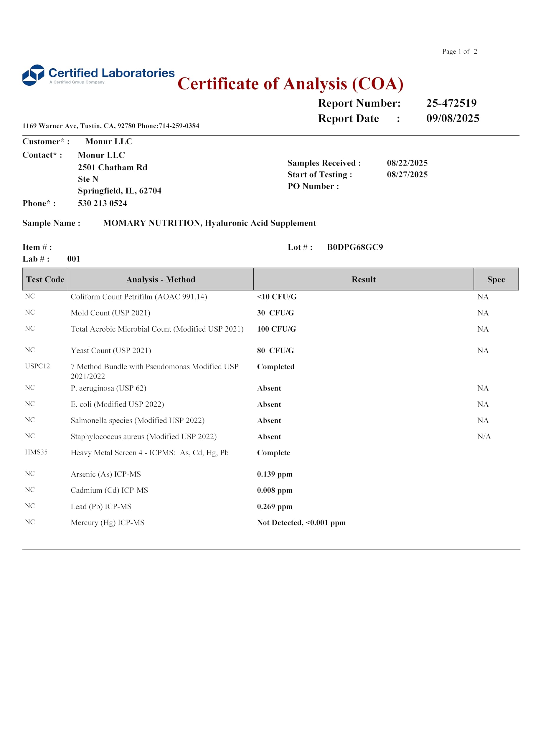 Momary Hyaluronic Joint Complex bottle showing ingredient list