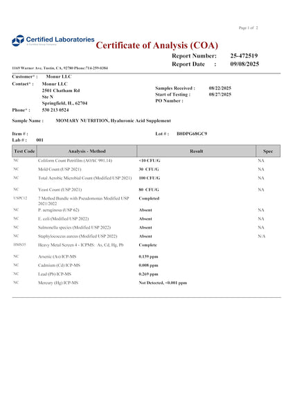 Momary Hyaluronic Joint Complex bottle showing ingredient list