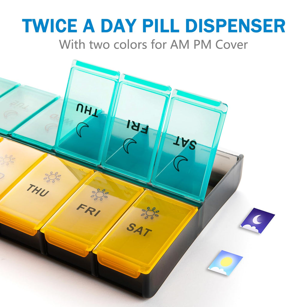 Top down perspective of the food grade BPA free plastic weekly medication dispenser.