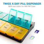 Top down perspective of the food grade BPA free plastic weekly medication dispenser.