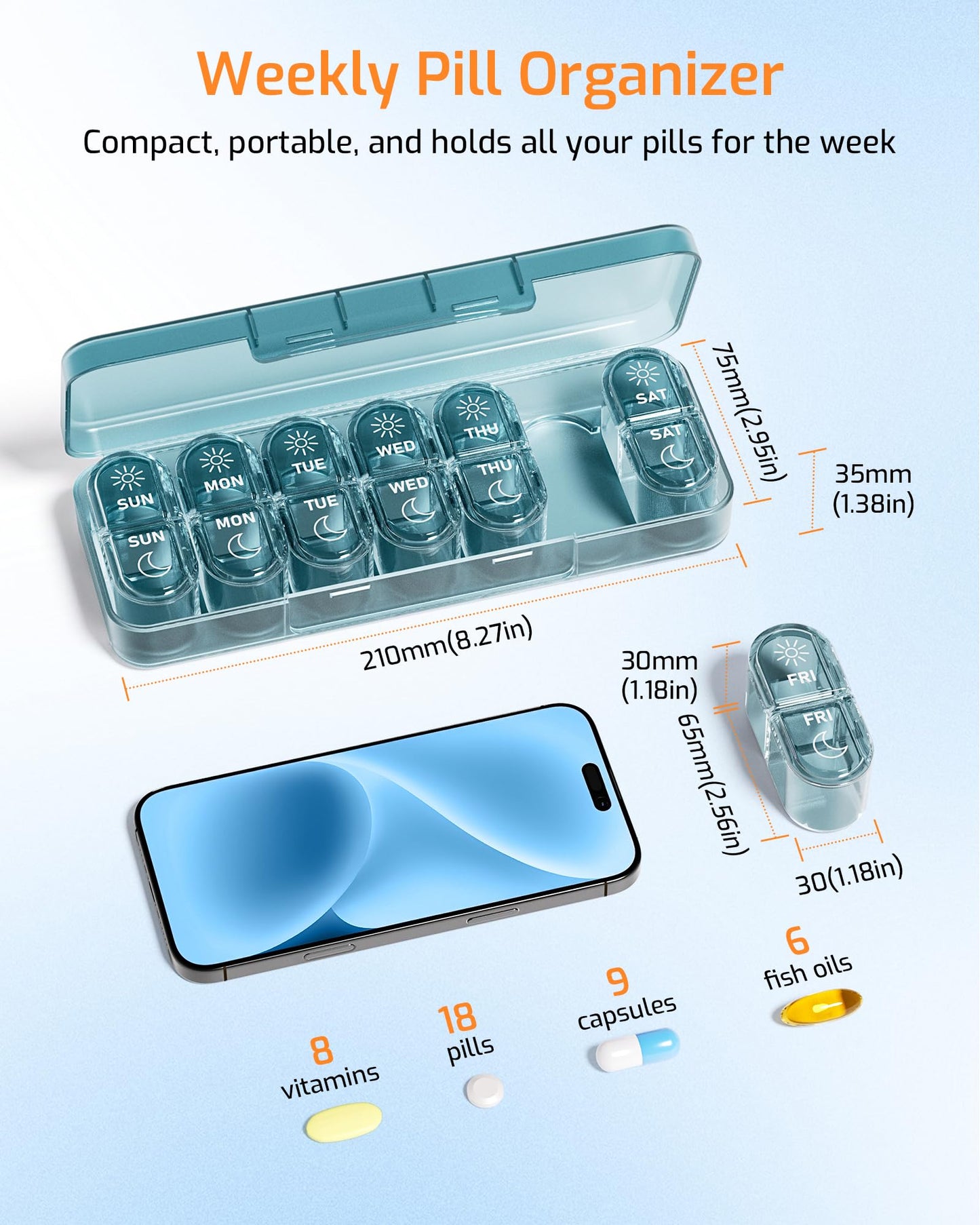 Daviky travel friendly pill box showing 180 degree flat opening design