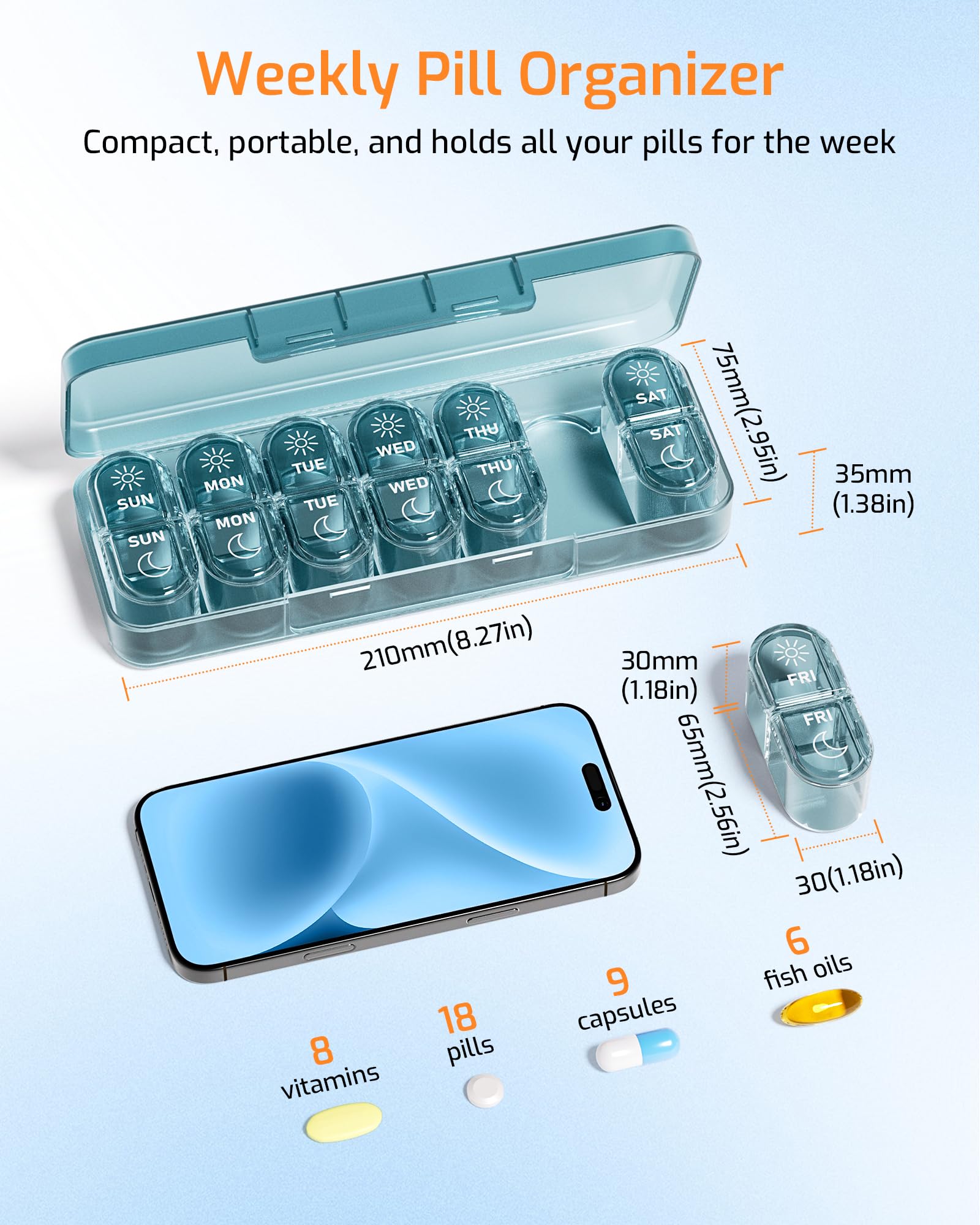 Daviky travel friendly pill box showing 180 degree flat opening design