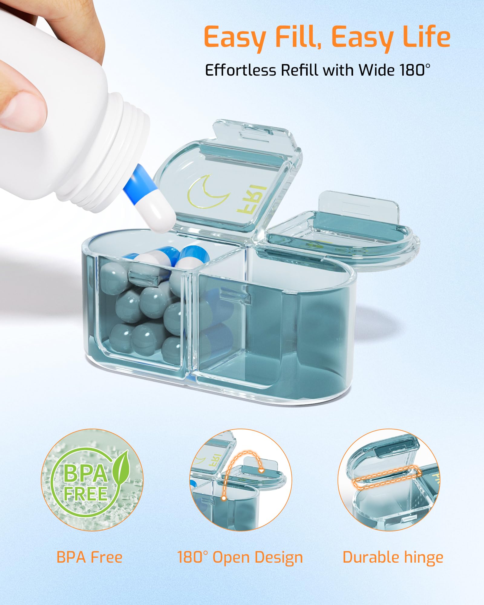 Daviky medicine case showing spacious compartments loaded with fish oils and capsules