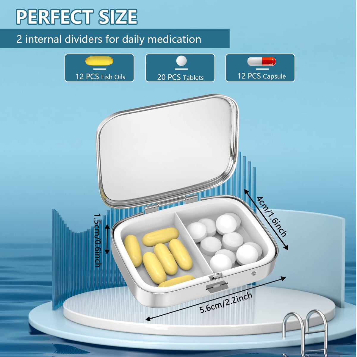 Hion premium rustproof vitamin organizer held in palm showcasing compact travel size