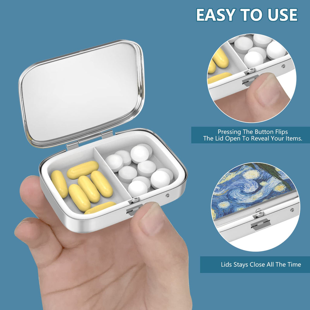 Hion decorative daily supplement container next to a ladies handbag illustrating portability