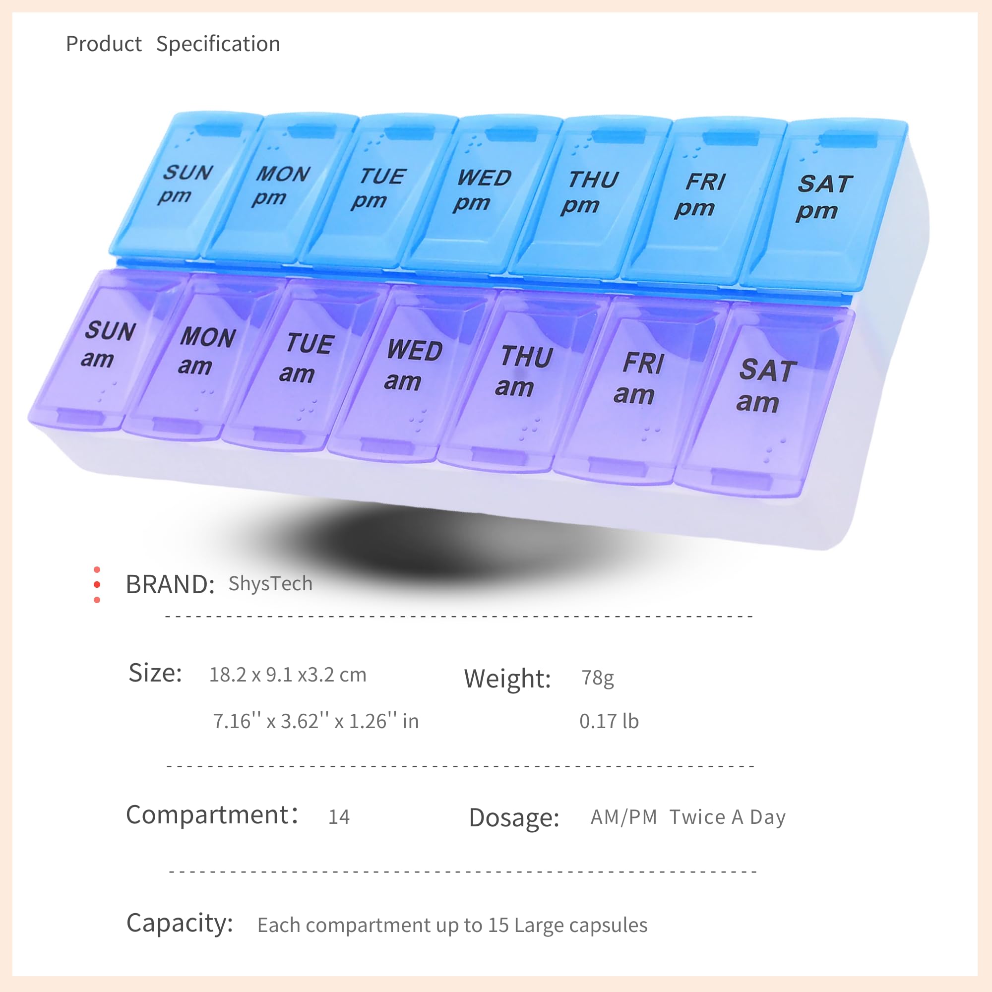 ShysTech large medication case side angle displaying the secure snap-on lids closed tightly.