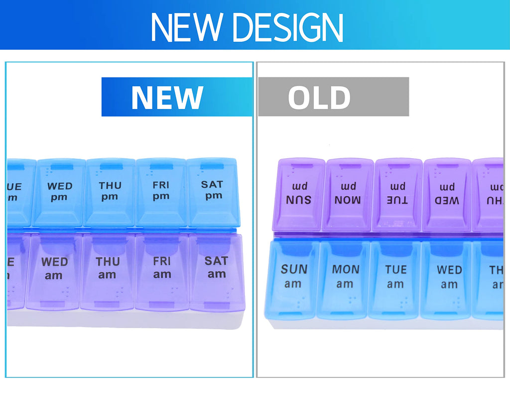 ShysTech bi-color weekly vitamin box with open lids revealing large storage capacity compartments.
