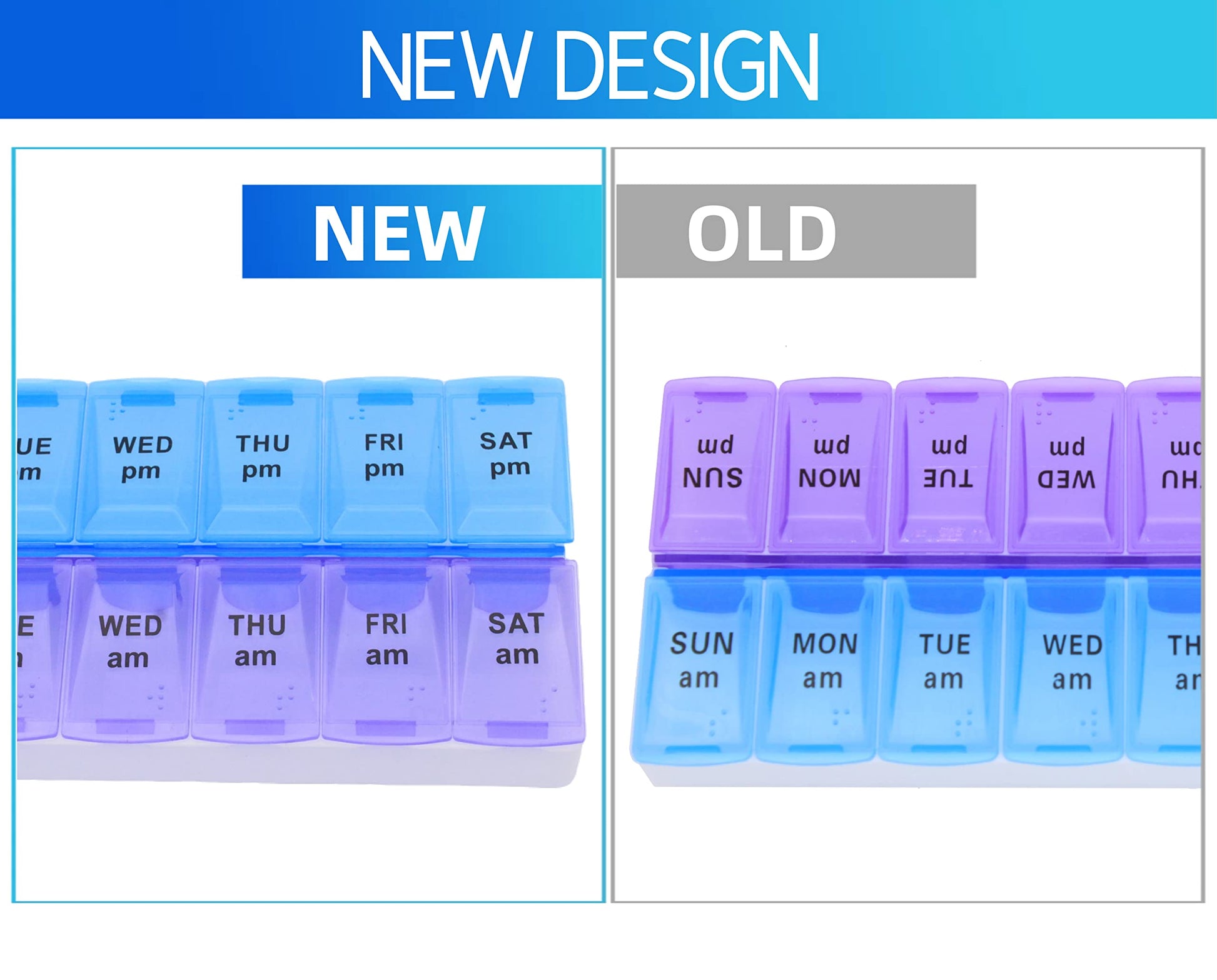 ShysTech bi-color weekly vitamin box with open lids revealing large storage capacity compartments.