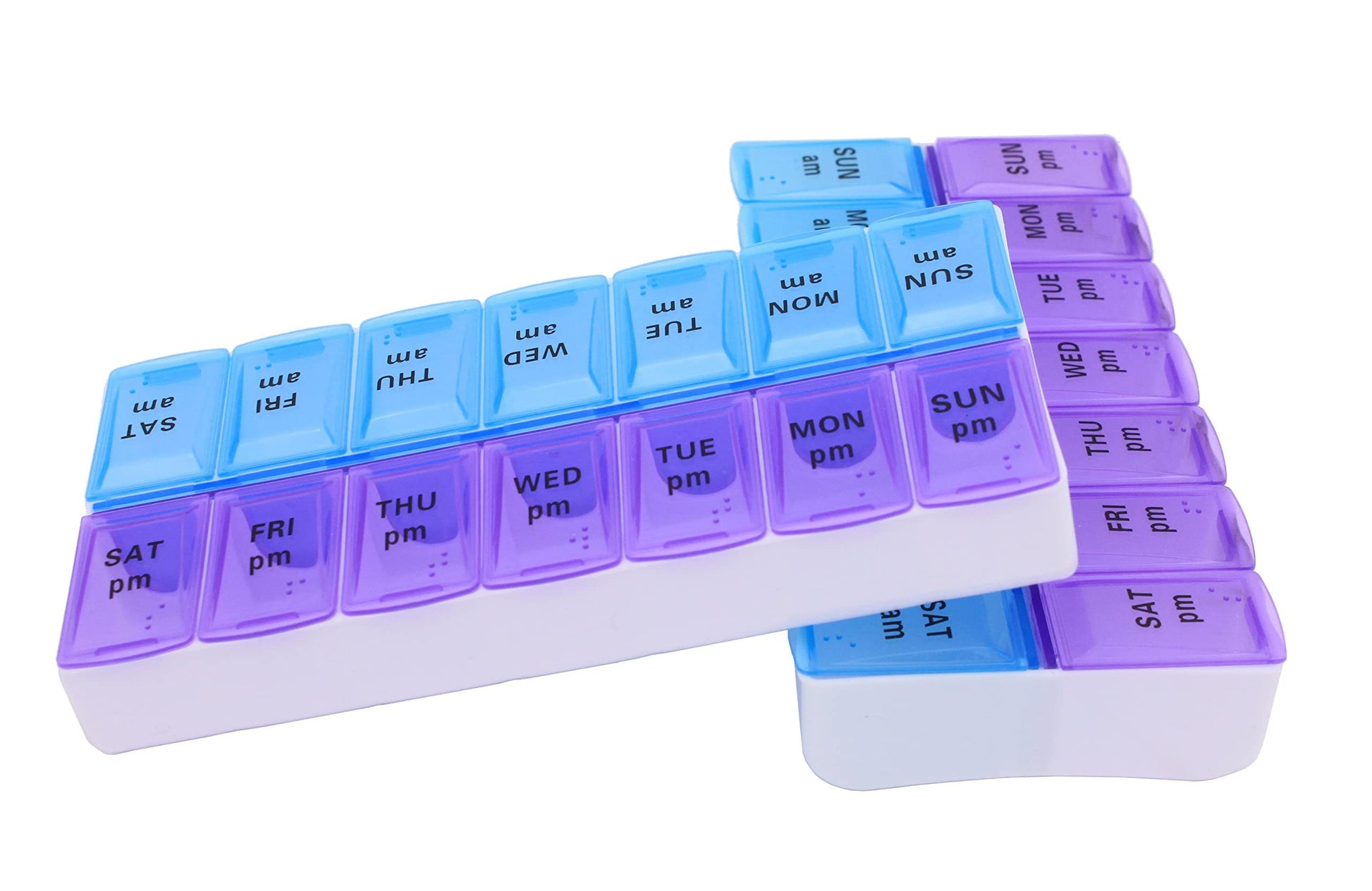 Top perspective of the fourteen compartment purple and blue pill organizer showing high visibility layout.