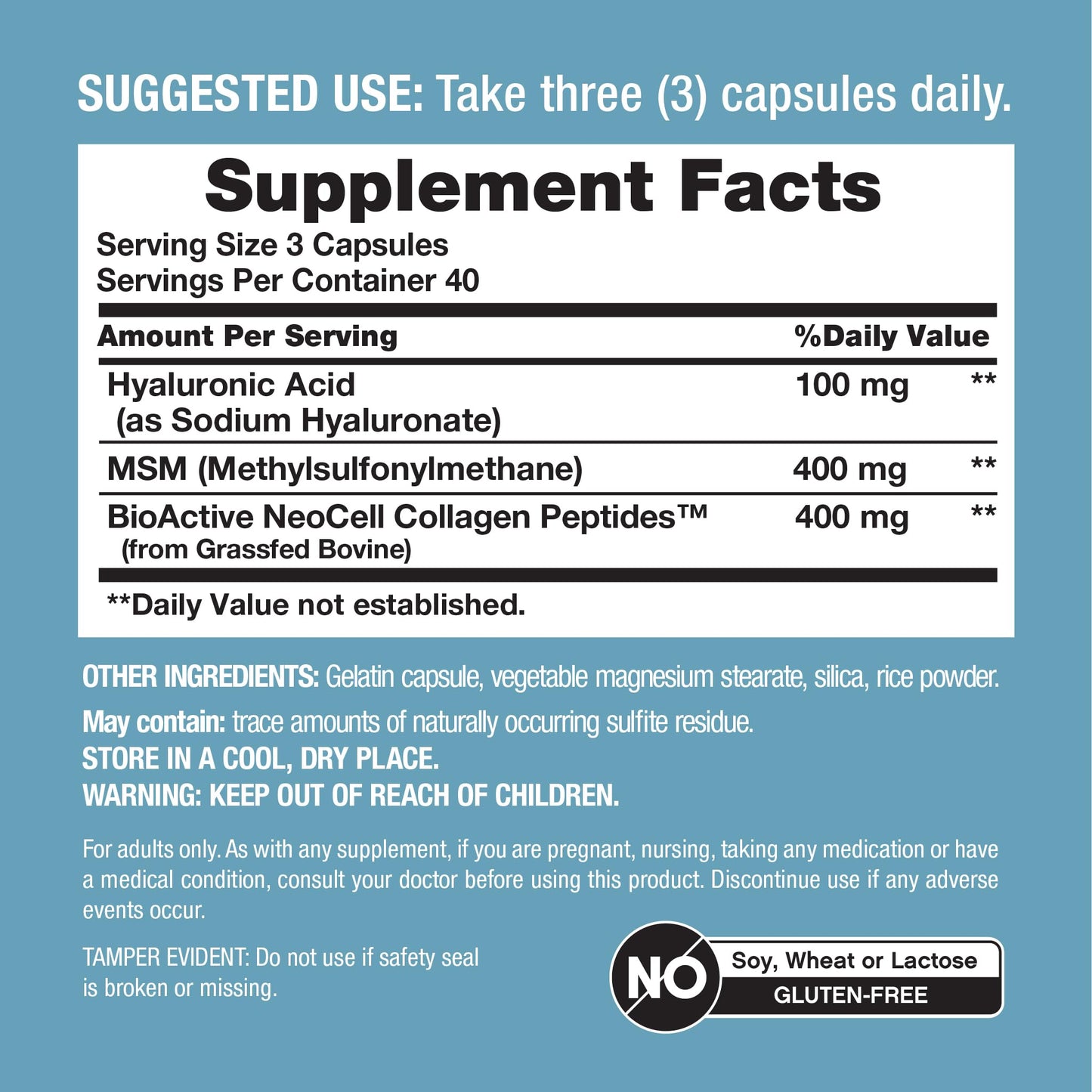 Neocell Hyaluronic Acid Complex collagen and MSM capsules