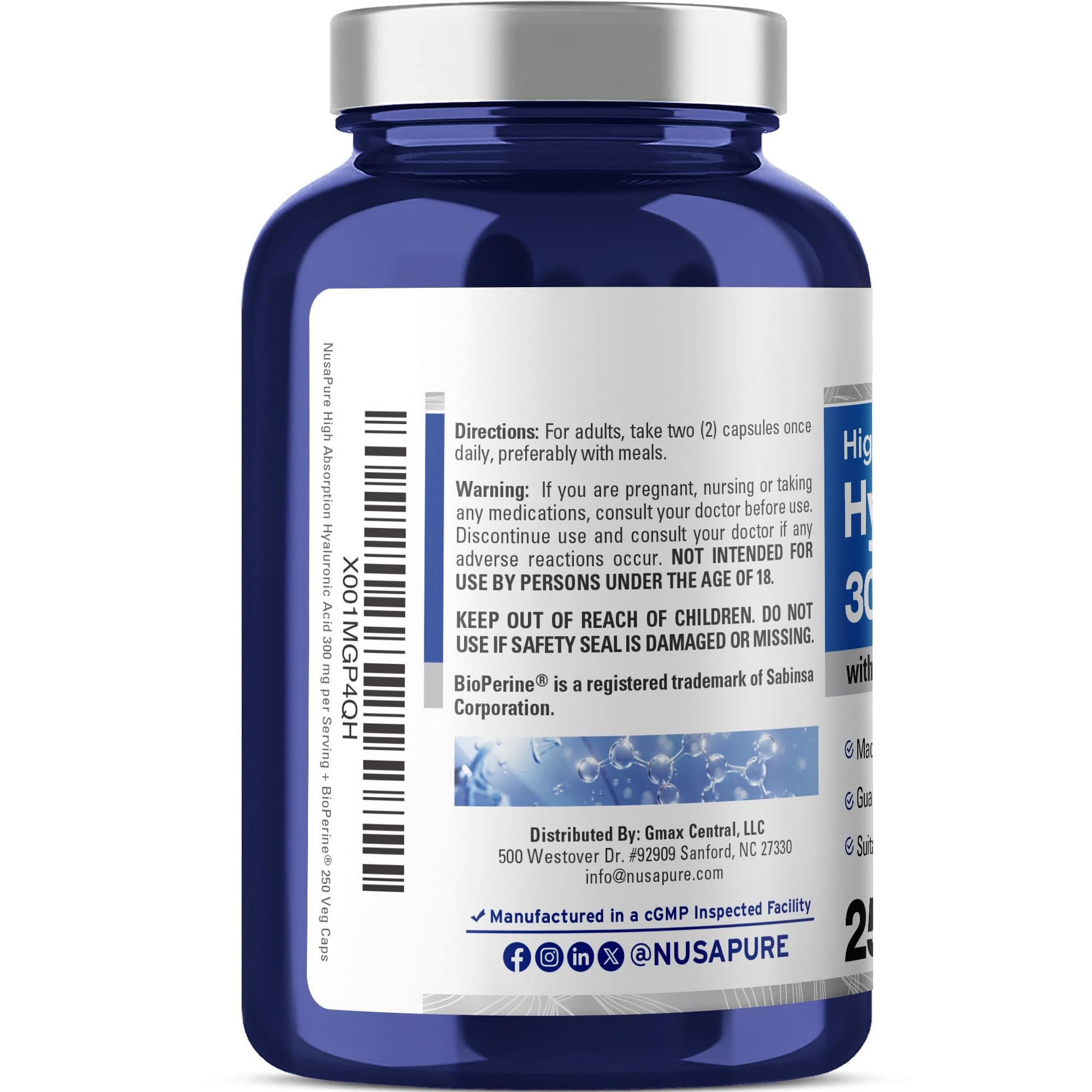NusaPure Hyaluronic Acid Supplement Bottle Back Label