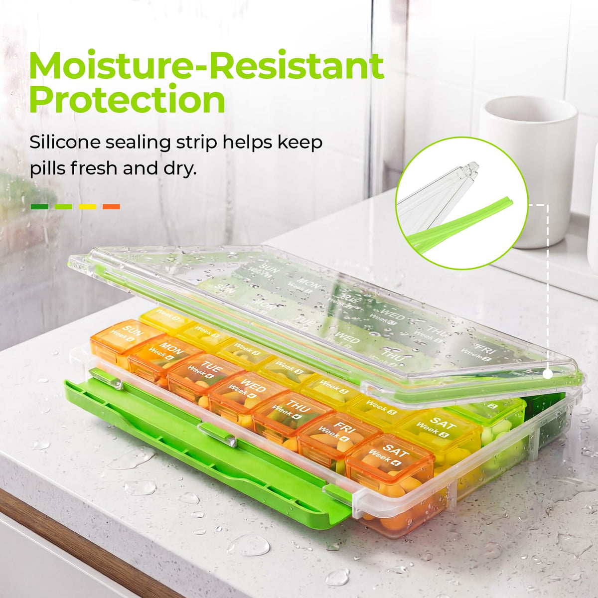 Close up of AUVON vitamin holder displaying the protective silicone seal for humidity resistance