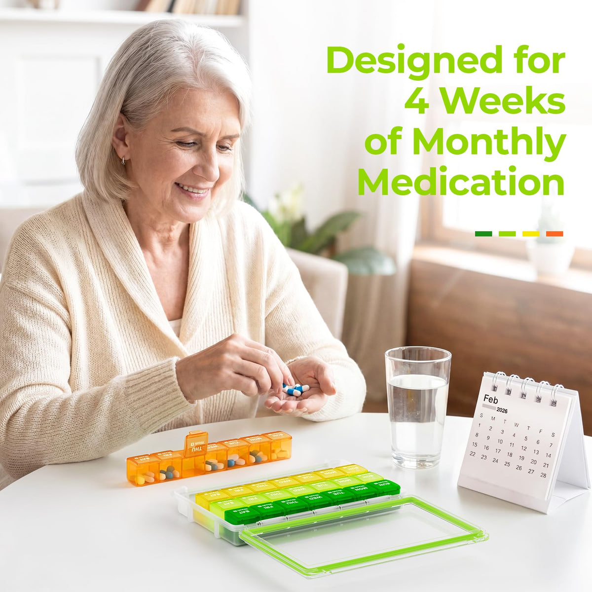 AUVON large monthly tablet dispenser filled with fish oils and supplements to showcase compartment capacity
