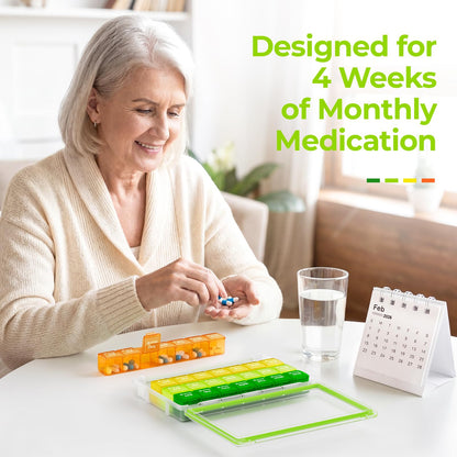 AUVON large monthly tablet dispenser filled with fish oils and supplements to showcase compartment capacity