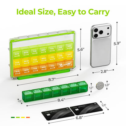 Color coded AUVON four week supplement organizer open to demonstrate daily medication loading