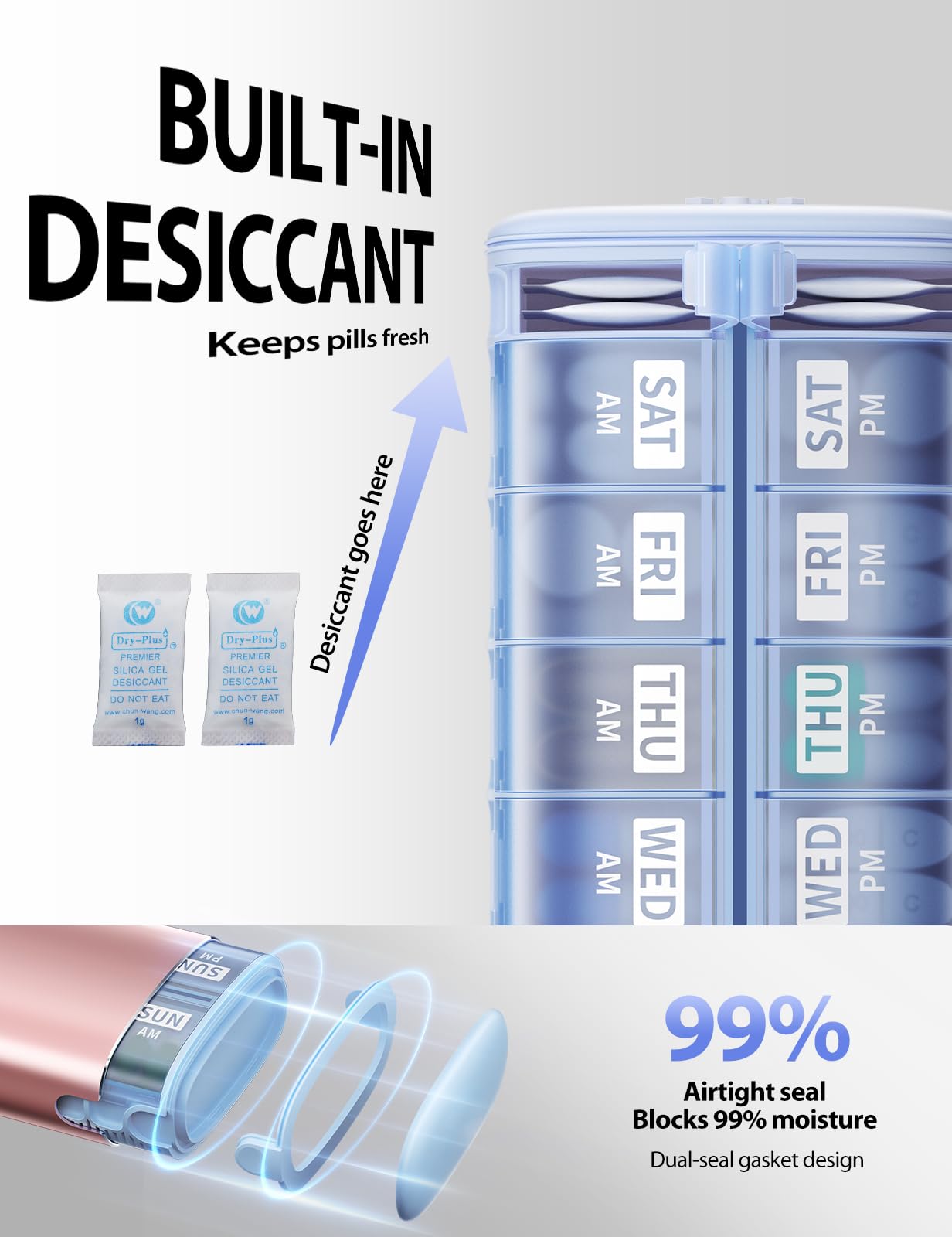Vaydeer portable travel pill case next to luggage showcasing its compact and slim travel friendly size.