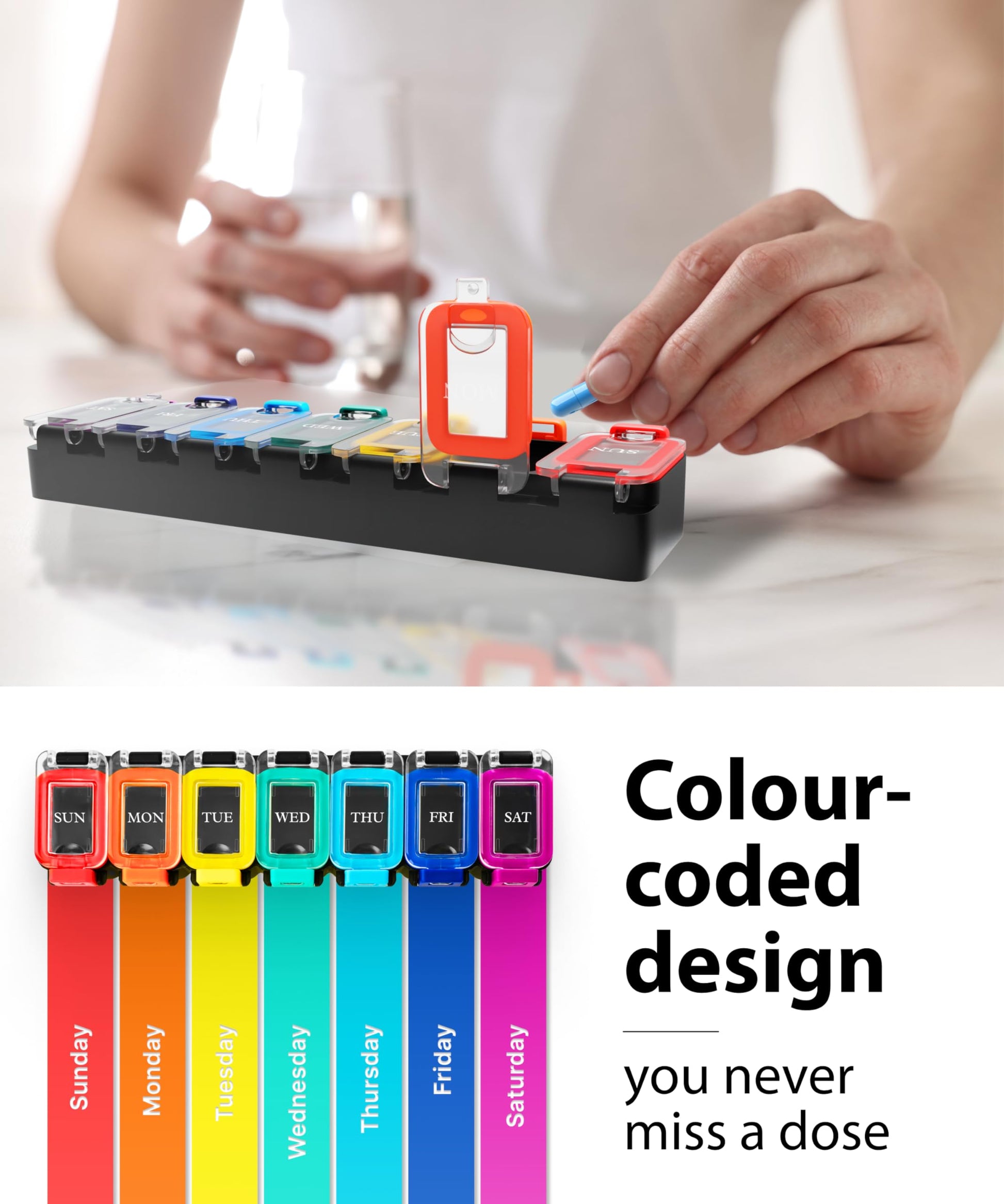 BEXEEN seven day pill box display highlighting the clear day of week labels