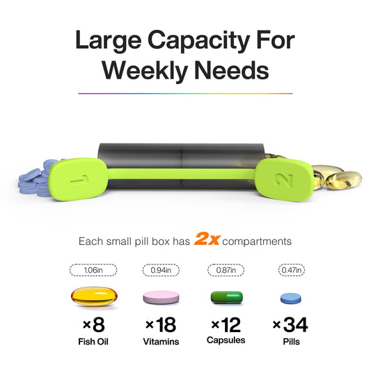 KERTSSY seven day pill box showing individual detachable morning and evening medication tubes.