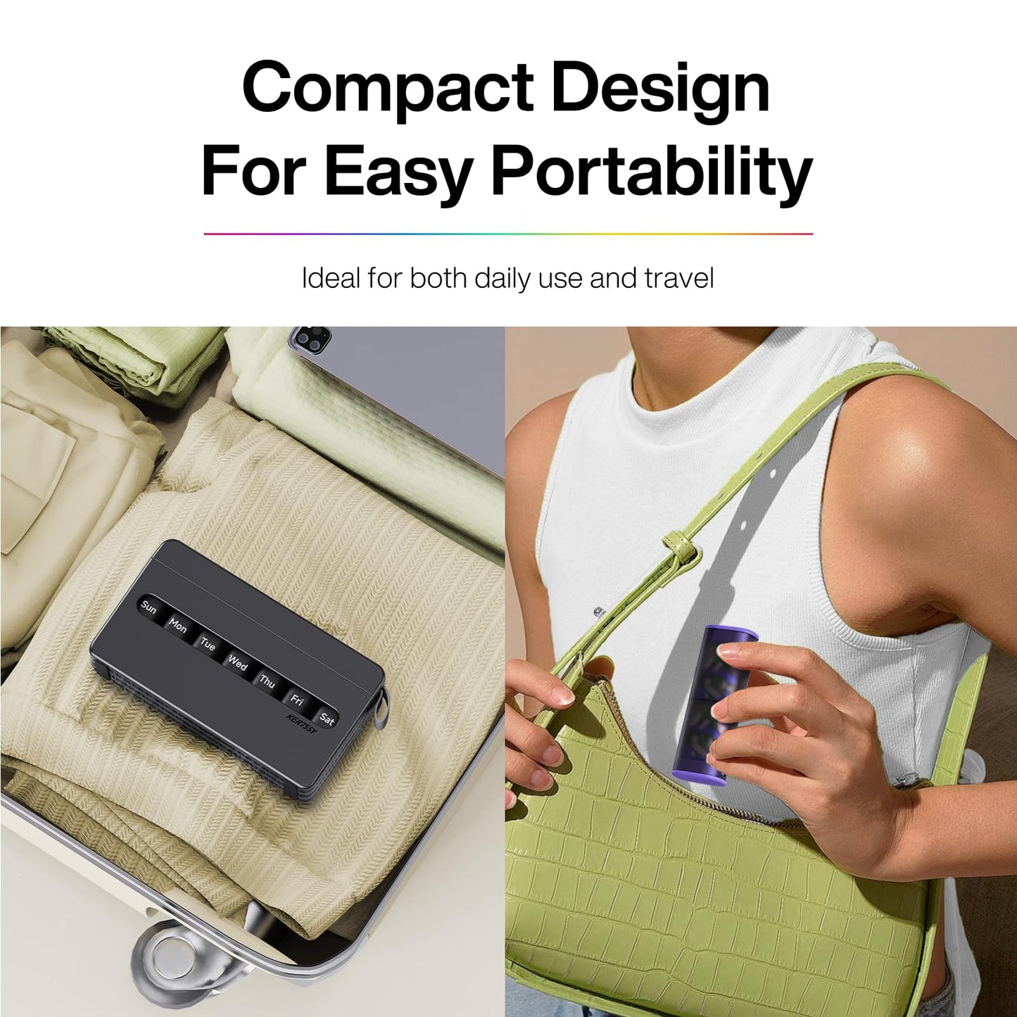 KERTSSY travel friendly medication storage case placed inside a standard travel bag.
