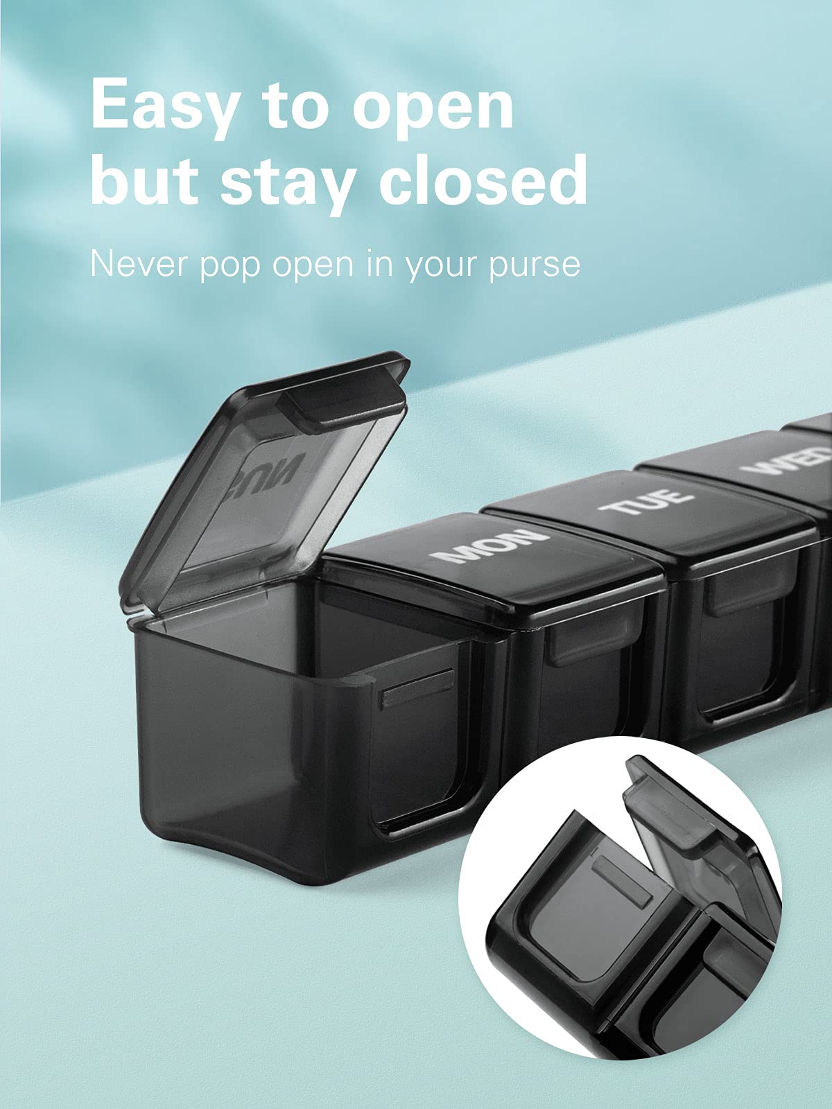 Sukuos arthritis friendly weekly pill box showing easy open indented flap