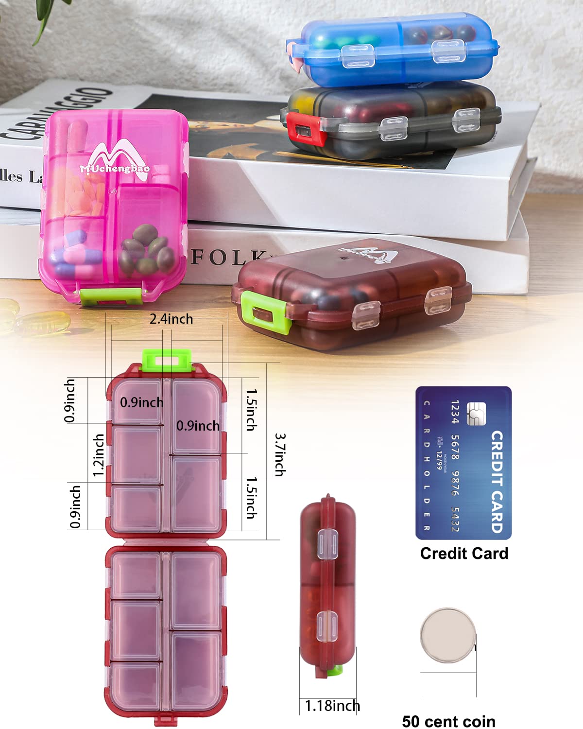 Four pack portable vitamin container in blue light red gray and dark red colors