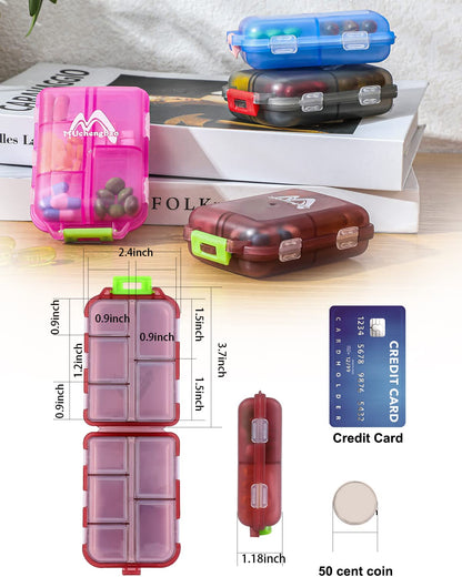 Four pack portable vitamin container in blue light red gray and dark red colors