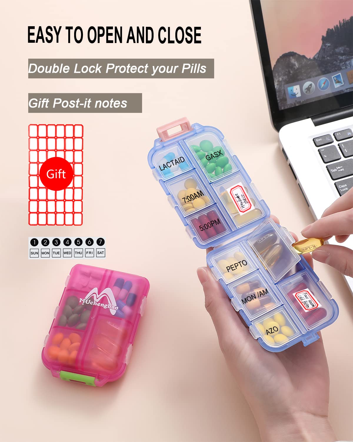 Small pocket size daily medicine dispenser being placed into a purse