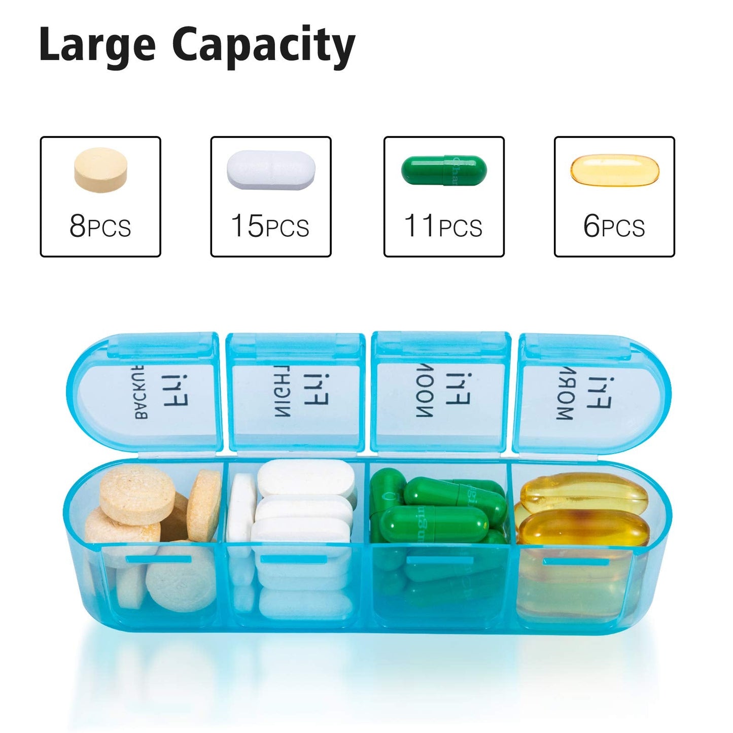 Daviky weekly pill box showing removable individual daily cases for travel convenience