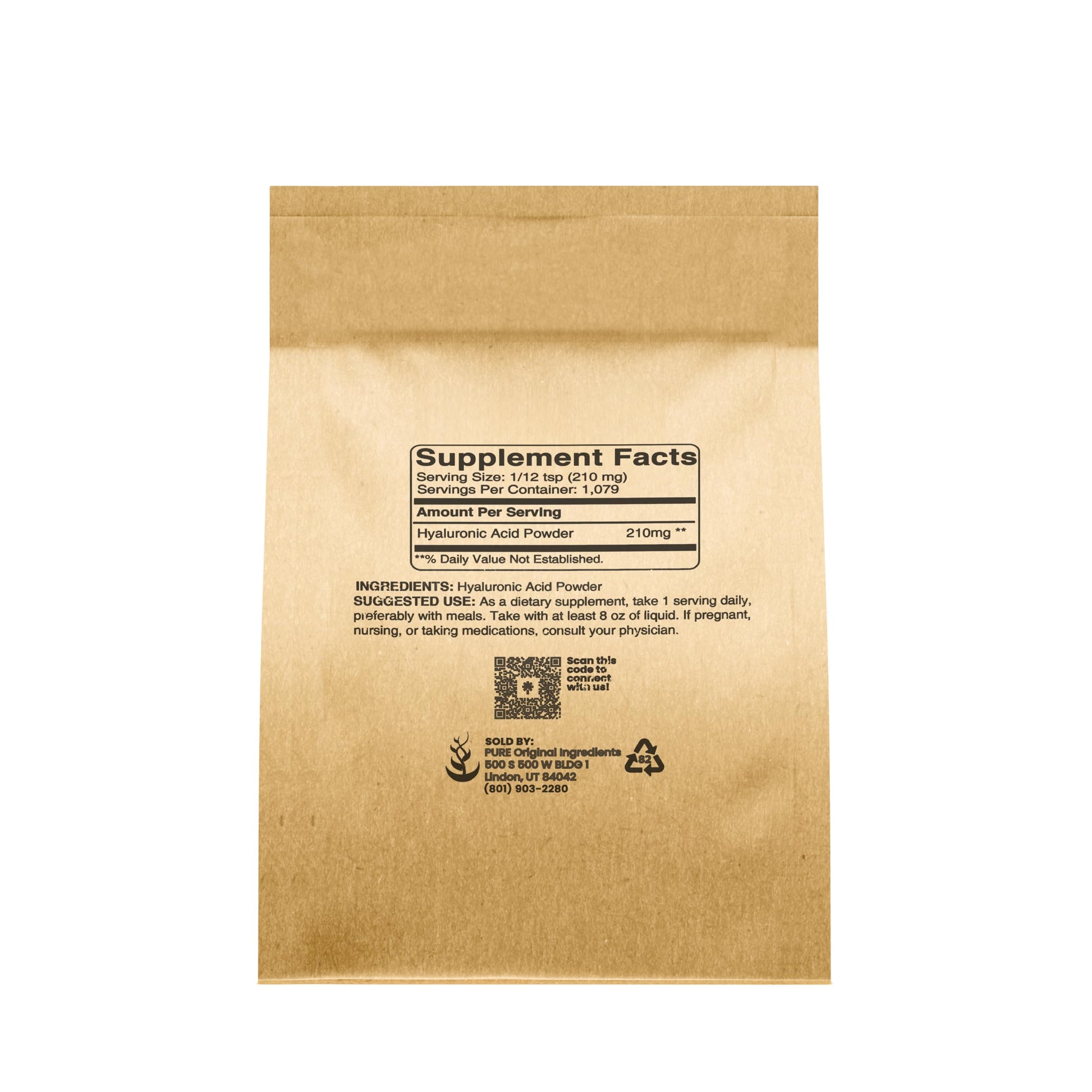 Pure Original Ingredients Hyaluronic Acid Powder package label details