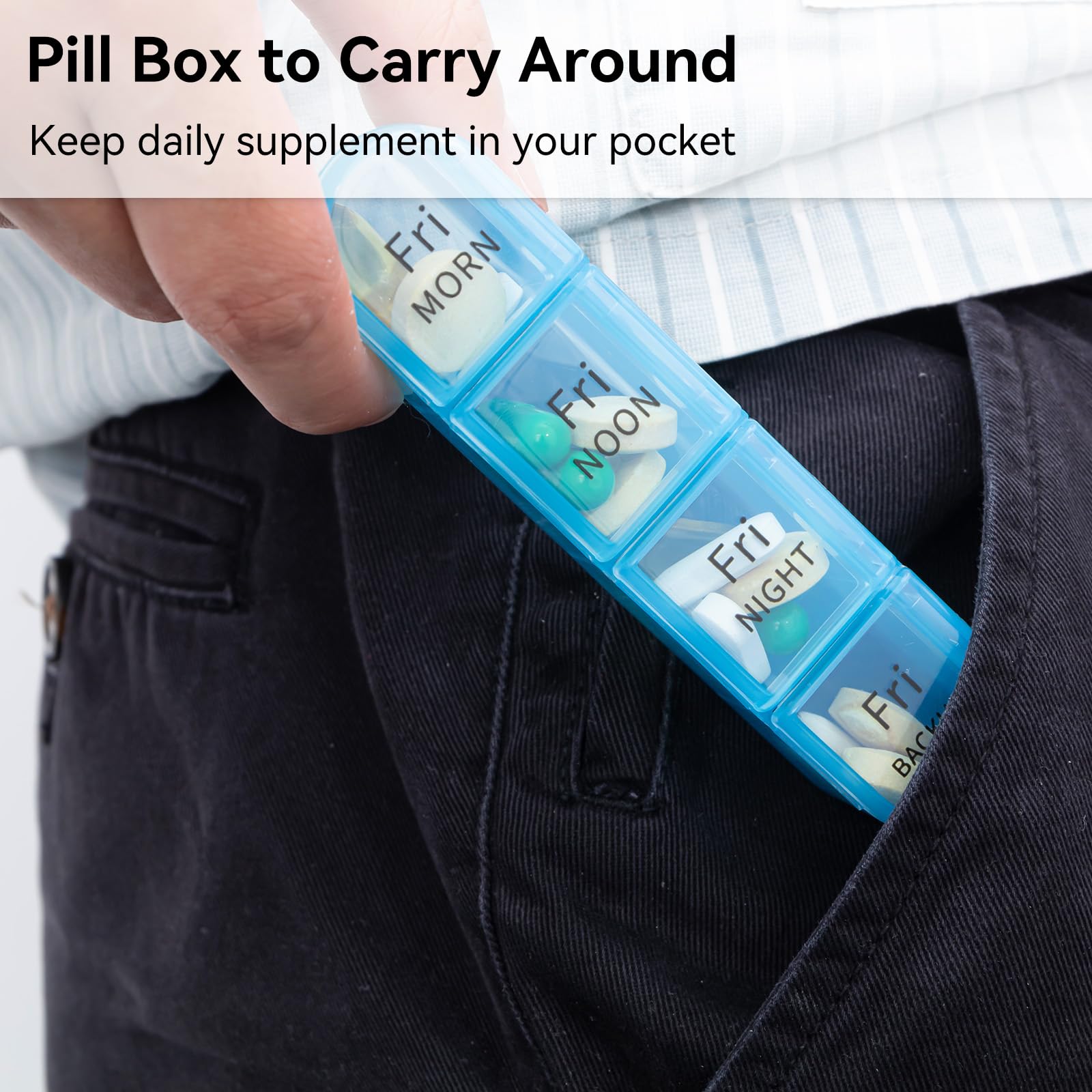 Side view of portable travel medicine case showing secure closing lids