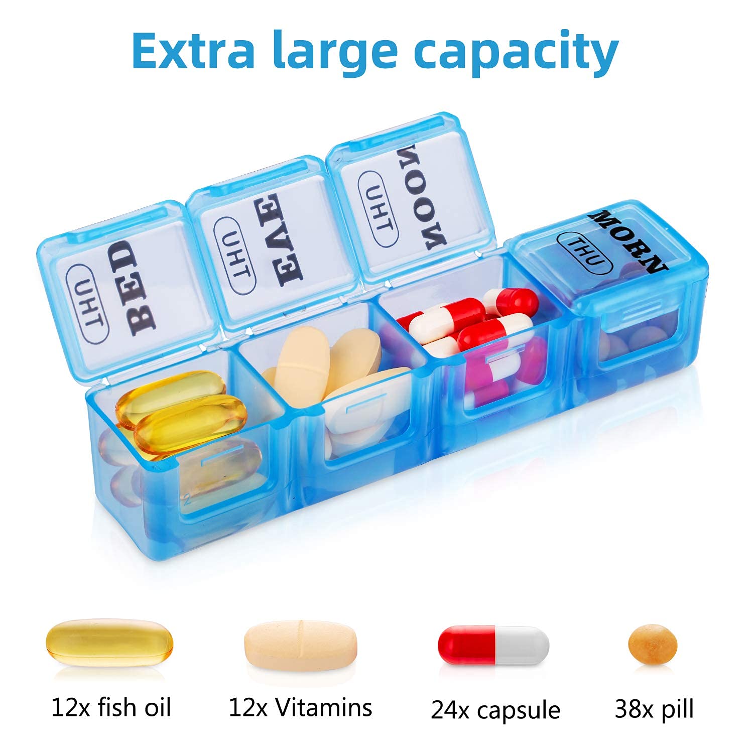 Mossime extra large medication dispenser showing a close up of the spacious morning noon evening and bed slots.