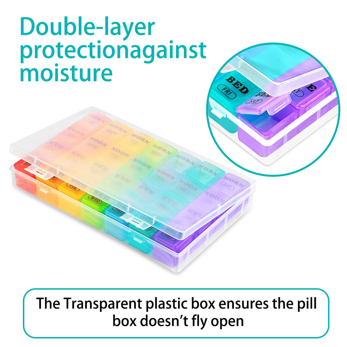 Mossime secure double latch outer container protecting the internal individual color coded pill trays.