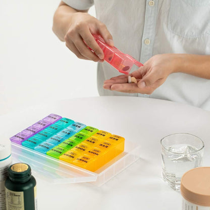 Mossime daily medication planner highlighting the clear bold time indicators that resist fading over time.