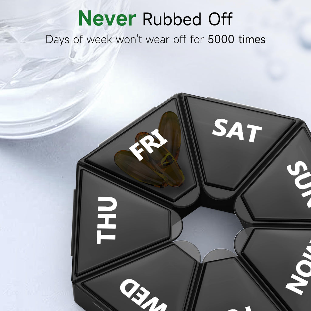 Arthritis friendly daily supplement dispenser showing close up of locking tab
