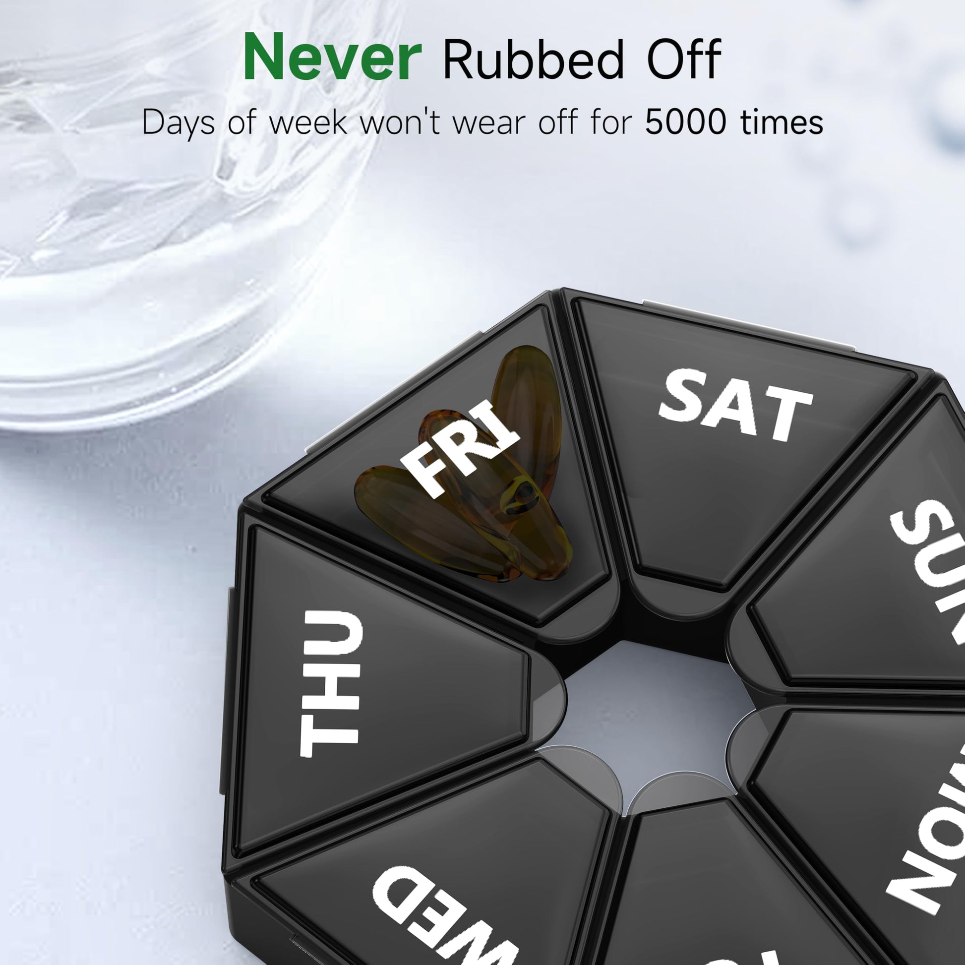 Arthritis friendly daily supplement dispenser showing close up of locking tab