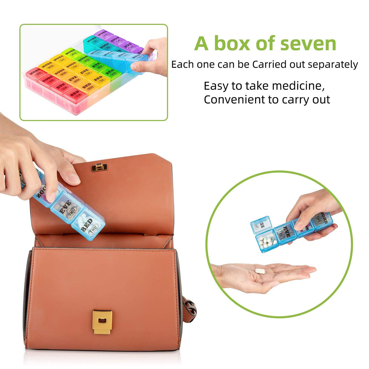 Mossime heavy duty medical grade plastic pill box illustrating the durable hinges and airtight snap closures.